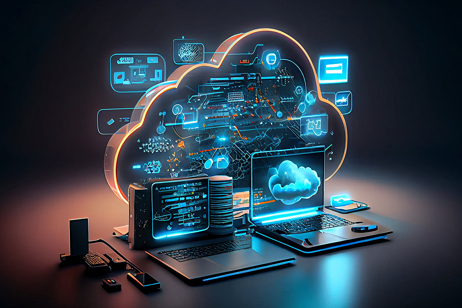 A laptop computer displaying a cloud icon on its screen, symbolizing cloud computing and digital connectivity