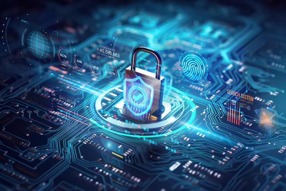 A digital padlock on a circuit board represents cybersecurity. Holographic data and fingerprint icons surround it, illustrating secure technology.