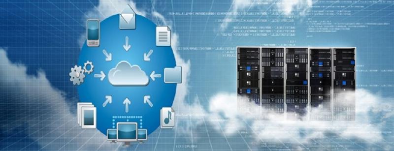 An illustration of a cloud containing a computer, next to a separate cloud, representing digital cloud services.